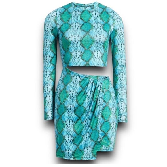 AFRM Snakeskin Print Cutout Bodycon Mini Dress Long Sleeve Blue Green - Picture 4 of 4